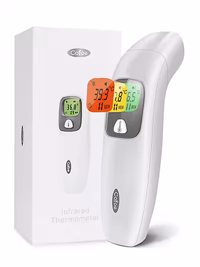 Бесконтактный ІЧ термометр блого цвета Cofoe возле фирменной коробки