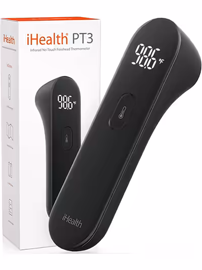 Бесконтактный термометр черного цвета iHealth PT3 возле фирменной коробки